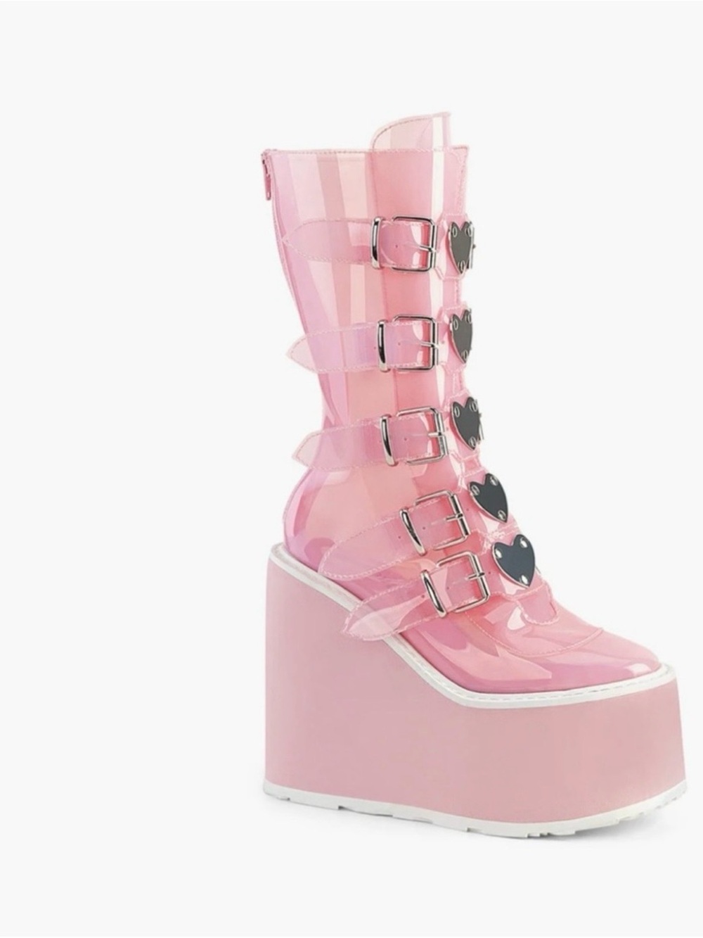 Demonia Pink Patent Heart-Buckle Platform Boots